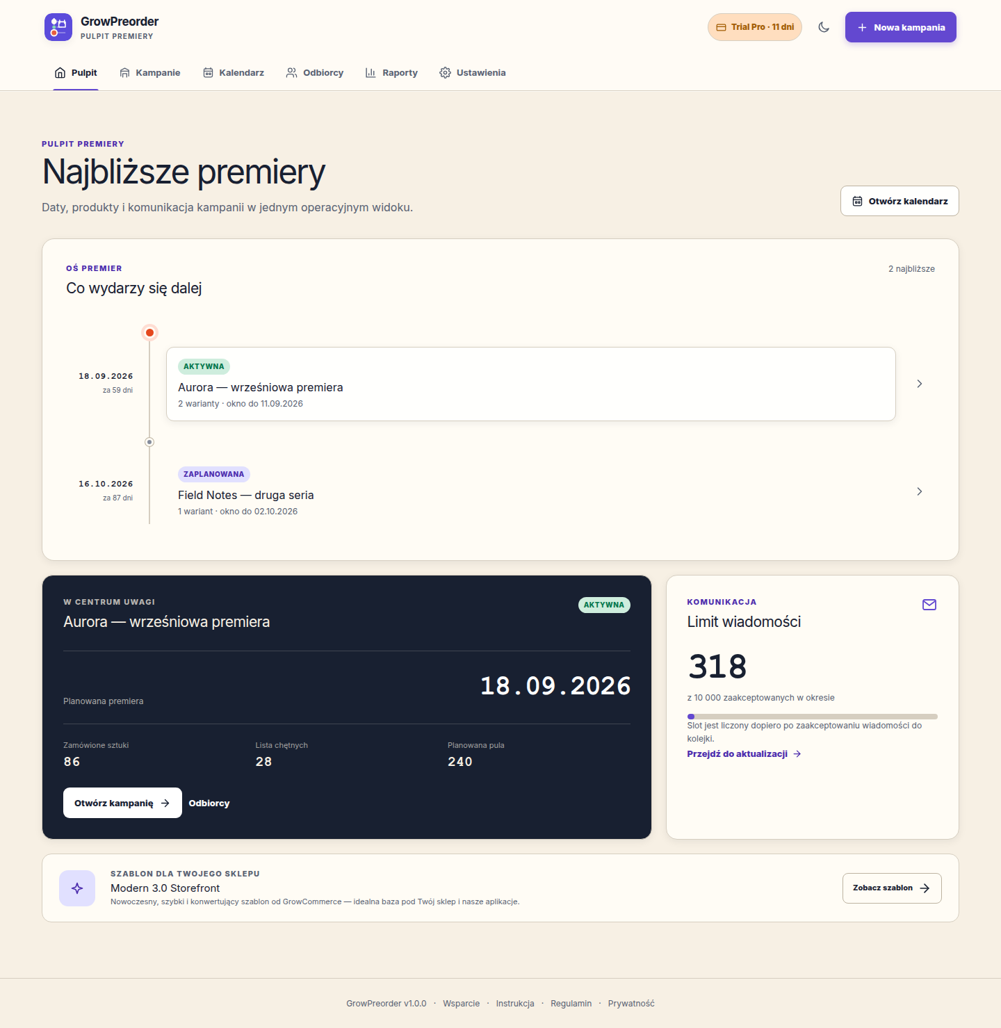 Pulpit GrowPreorder z osią dwóch najbliższych premier